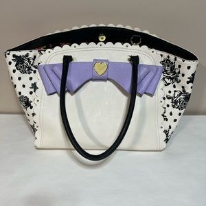 Betsy Johnson white bag with black flowers and purple bow